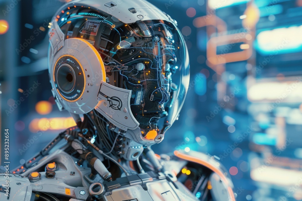 Poster a robot's head with a cityscape in the background, ideal for futuristic or technological concepts