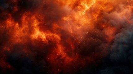 A dramatic background containing fire sparks, glowing embers, and swirling smoke, creating an intense and dynamic effect.