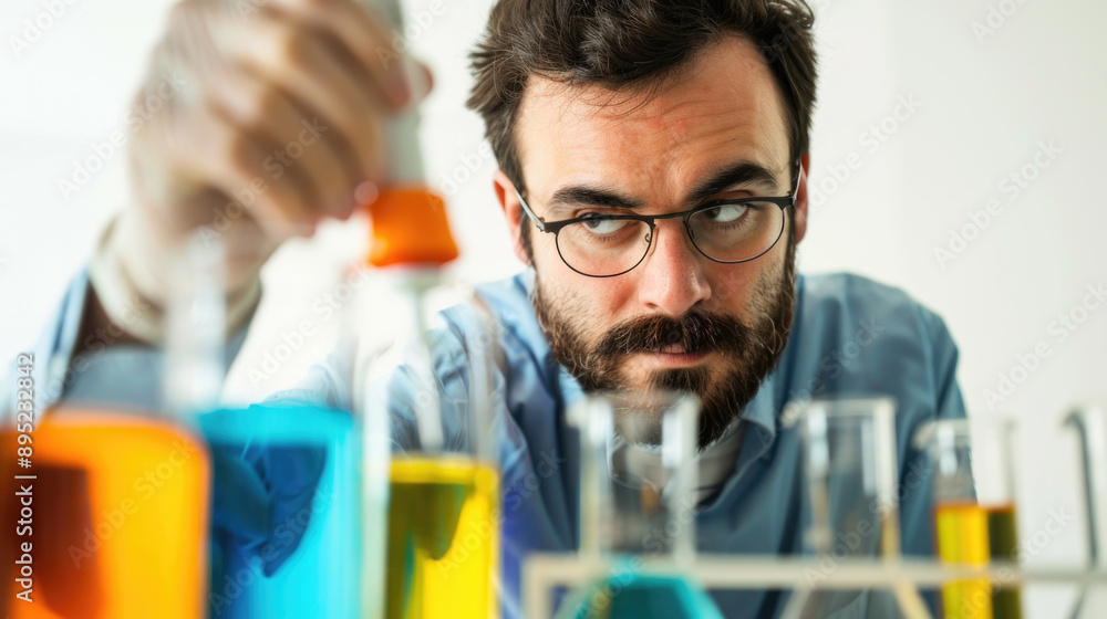 Poster a scientist is conducting experiments with an array of vibrant and colorful liquids inside a laborat