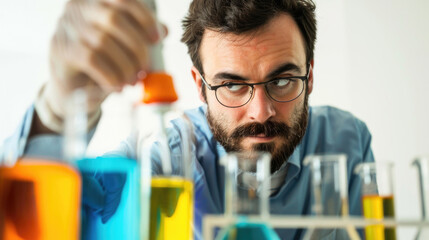 A Scientist Is Conducting Experiments With an Array of Vibrant and Colorful Liquids Inside a Laboratory Setting