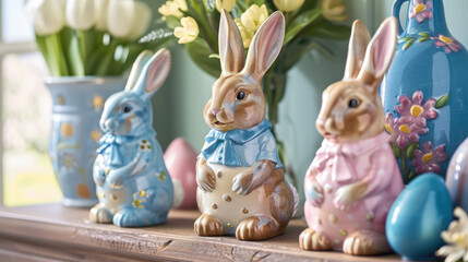 The Shelf Is Adorned With Beautifully Painted Ceramic Easter Bunnies, Adding a Festive Touch to the Room