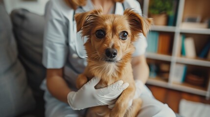 Close-up of a small dog sitting on a veterinarian's lap. AI generative.