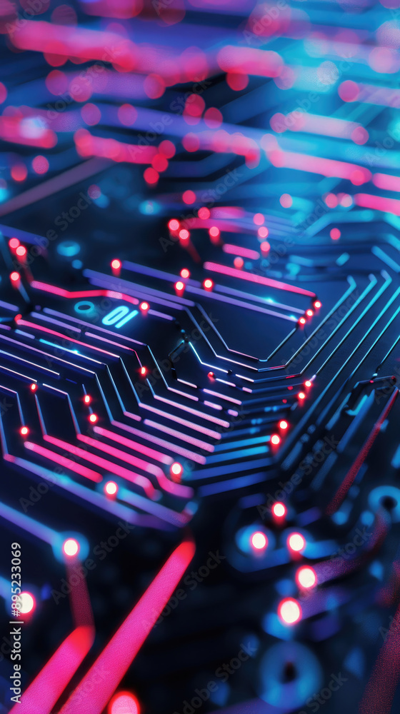 Poster a detailed image showing a circuit board illuminated by striking red and blue lights, highlighting t