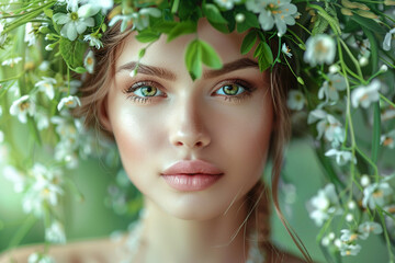 "Beautiful Spring Portrait of a Woman: Embracing Green Nature"