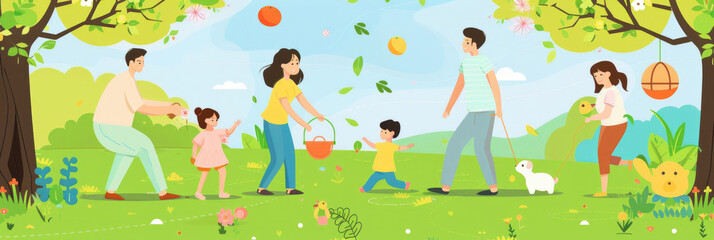 Fototapeta premium The Family Is Happily Enjoying a Beautiful Spring Day With a Picnic in the Park, Surrounded by Blooming Flowers and Lush Greenery