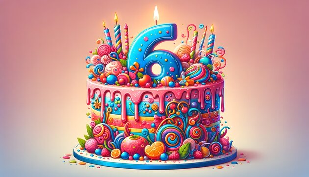 Colorful 6th Birthday Cake with Candles and Decorative Sweets