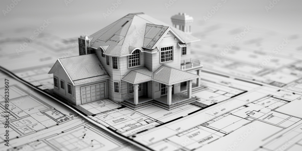 Poster a 3d model of a house sitting on top of a blueprint, ideal for architectural and design projects