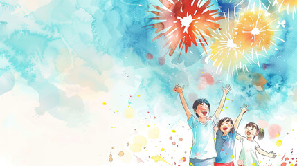 Children Joyfully Celebrating With Colorful Fireworks Illuminating the Summer Sky, Creating a Magical and Unforgettable Moment