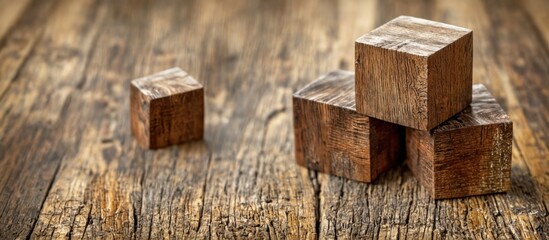 Three wooden cubes stacked A wooden background with