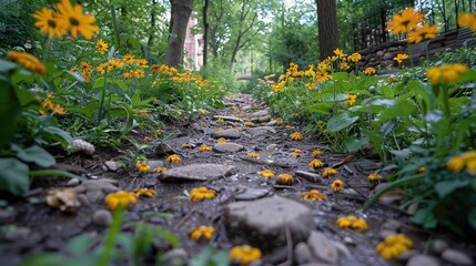 A serene woodland path adorned with vibrant yellow flowers and lush green foliage, reflecting the beauty and tranquility of nature