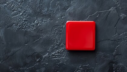 Close-up of a square red plastic magnet on a black background. Red bright square plastic magnet with copy space.