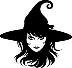 Black silhouette of the frontal face of a Halloween witch wearing a pointed hat