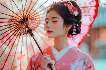 Young beautiful Japanese geisha woman in traditional colourful kimono dress holding pink umbrella