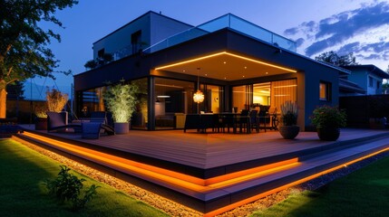 Fototapeta premium beautiful house with yellow lights and a garden with a pool on a sunset