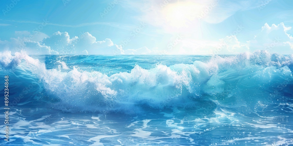 Poster a serene scene featuring a large body of water with the sun shining in the background