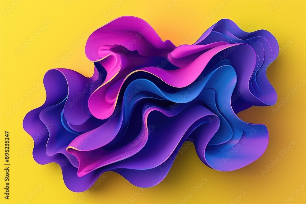 Poster a futuristic 3d visualization of a wavy pattern in purple and blue colors