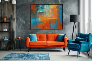 Contemporary living room with vibrant orange furniture, abstract art, and blue accents