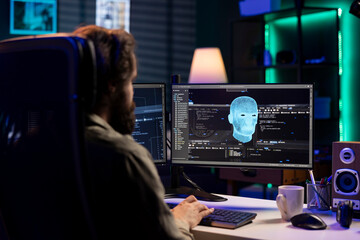 Sentient AI gains humanoid form inside computer, talking with software developer. Self aware...