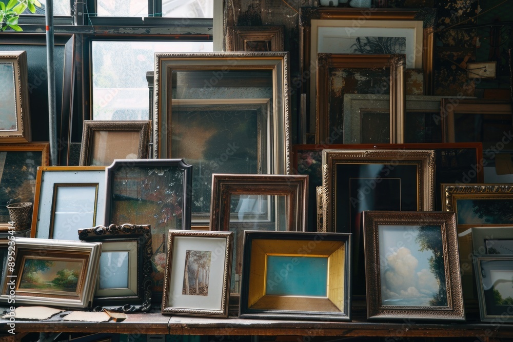 Poster a collection of framed pictures sits on a table, perfect for decorating a room or creating a nostalg