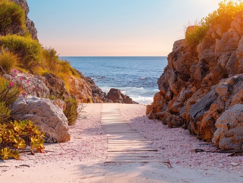 A picturesque path leads to a serene beach near Arniston, Western Cape, South Africa, flanked by lush vegetation and rugged rocks under a clear sky.