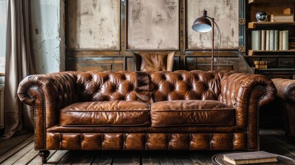Authentic leather vintage-style sofa in room with desk lamp