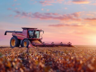 Fototapeta premium A high-quality, wide-angle shot of a combine harvester at work in a field during a vibrant and colorful sunset. The machine gleams under the dramatic, warm light of the setting sun.