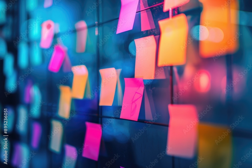 Poster colorful sticky notes with reminders and ideas displayed on a white background
