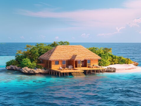 An aerial view of an overwater bungalow surrounded by clear turquoise waters and lush greenery on Ismehela Hera, Addu. The serene and secluded setting is ideal for relaxation.