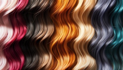 The hair color palette as a range of infinite possibilities. Hair swatches in a diverse color palette in top view.