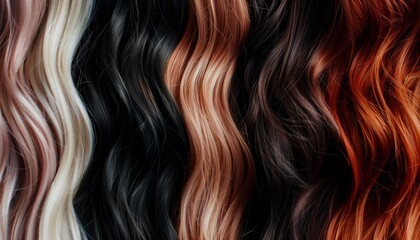 The hair color palette as a range of infinite possibilities. Hair swatches in a diverse color palette in top view.