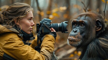 Fototapeta premium Woman photographing a chimpanzee in the forest