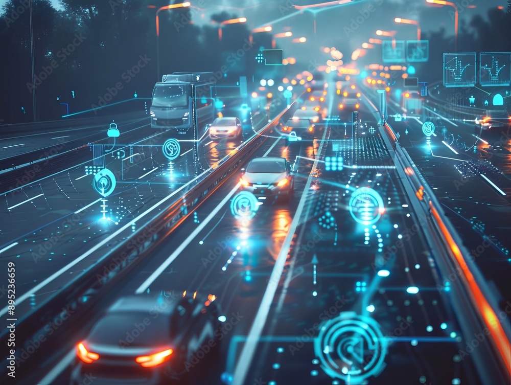 Poster digital twin tech in traffic management vehicles on roads connected by holographic data points