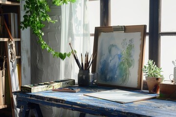 A still life with a painting on a table in front of a window, showing a calm and peaceful atmosphere