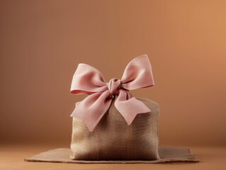 A neatly tied pink bow adorns a burlap-wrapped gift, placed on a brown background, creating a simple yet elegant presentation.