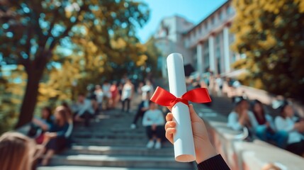 Hand of a student holding a diploma with red silky ribbon and bow on a university campus. High school graduation. Generative AI.