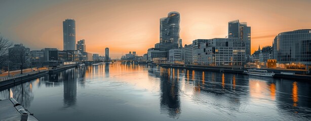 After sunset, aerial panoramic view of Frankfurt, Germany.