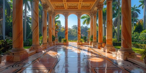 Obraz premium A beautifully ornate pavilion with tall, intricately carved columns and gleaming marble flooring, set amidst a lush garden with mature palm trees and vibrant greenery