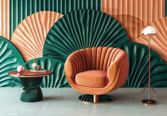 Three-dimensional rendering of an Art Deco living room with pink armchairs and lamps.