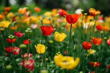 Fototapeta premium Colorful Tulips in a Field of Green