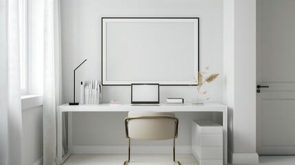 Minimalist white desk with chair and laptop, framed photo on wall, white empty frame mockup, neutral colors, simple background. Generative AI.