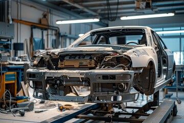 Technician refurbishing car engine with precision tools in well lit garage workshop