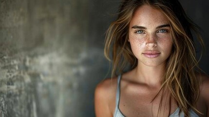 Naklejka premium A young lady with long hair and freckles poses against a grey background. She is wearing a casual tank top and looks directly at the camera with a calm expression.