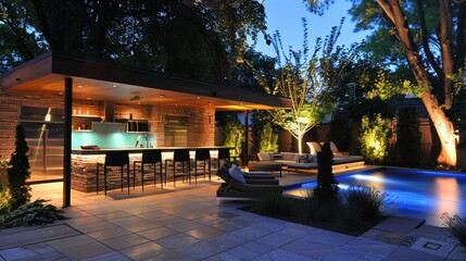 beautiful house with yellow lights and a garden with a pool on a sunset