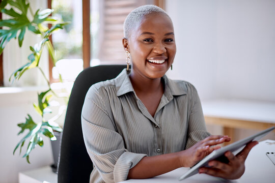 Portrait, black woman and tablet or happy as junior or intern financial advisor for insurance company. Female person, smile and tech in office, building and firm as professional in business or job