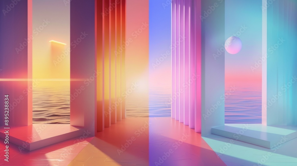 Poster a modern interior space with multiple columns, illuminated by a bright sunny day outside