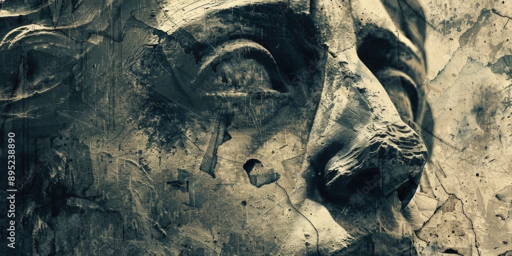 Poster close-up image of a statue depicting a man's face, ideal for use in historical or cultural contexts