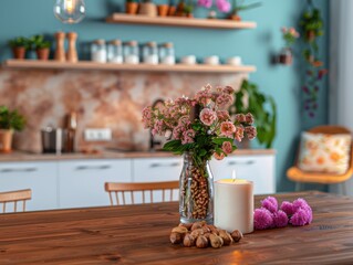 A cozy kitchen scene with a wooden table featuring a vase of flowers and walnuts, a lit candle, and a bright blue background wall with shelves and potted plants.