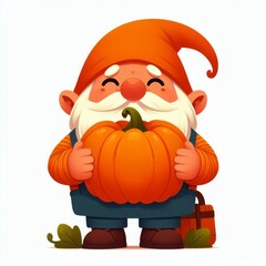 A cute gnome character is holding a huge pumpkin in his hands. Flat style
