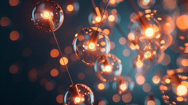 Lights connected in a unique lamp stand against a dark backdrop. This abstract image represents knowledge and the connections between ideas.
