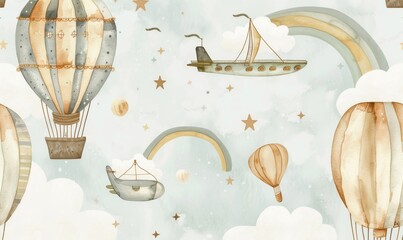 Naklejka premium Hot air balloon wall paper for baby room. Decorative pattern with clouds, rainbows, and mountains. Blue and beige pastel colors.
